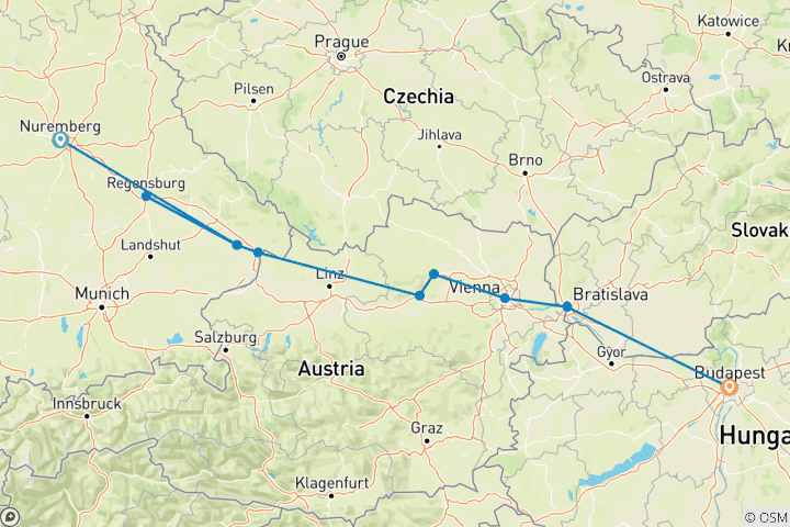 Mapa de Joyas del Danubio con Núremberg 2025 - 10 Días (from Nuremberg to Budapest)