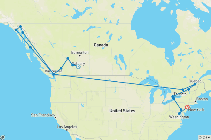 Kaart van Majestueuze Rockies & de kleuren van Oost-Canada 2025 - 30 dagen