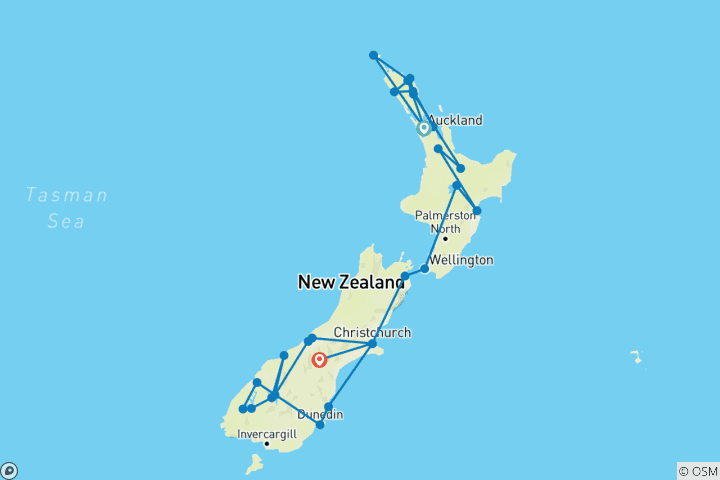 Carte du circuit Ultimate New Zealand 2025 - 24 jours (from Auckland to Lake Tekapo)