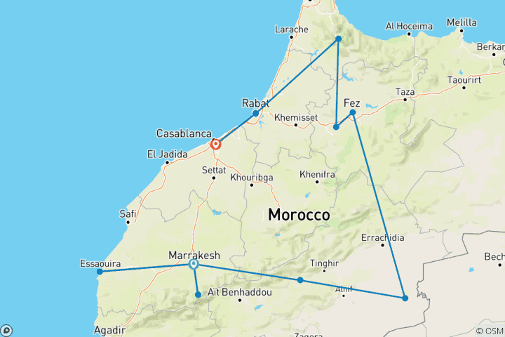 Mapa de Viajes culturales de 15 días por Marruecos