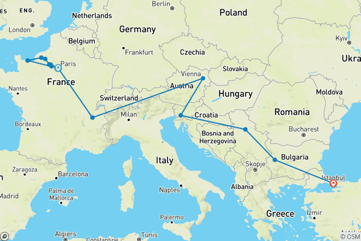 Map of Cruise & Rail: Paris to Istanbul (2025) (Paris to Istanbul, 2025)