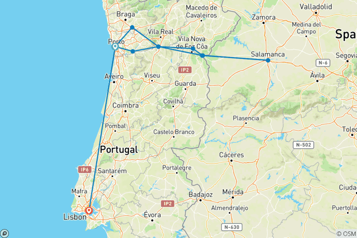 Kaart van Portugal, Spanje & de vallei van de Douro - Porto naar Lissabon - 2024 (11 bestemmingen)