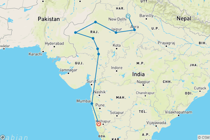 Map of 16 Day Majestic Rajasthan  Tour with Mumbai & Goa