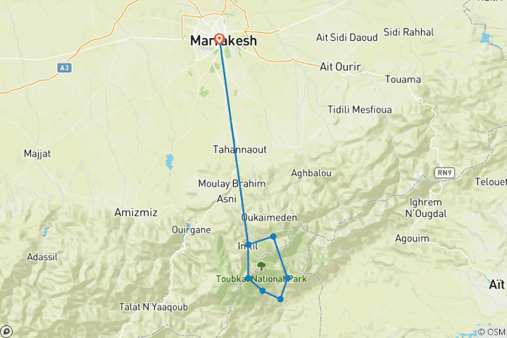 Carte du circuit Trek circulaire de 7 jours d'Imlil au camp de base du Toubkal