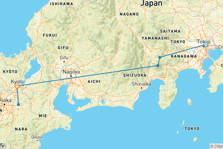 Map of 8 Day Budget Japan Tour Package