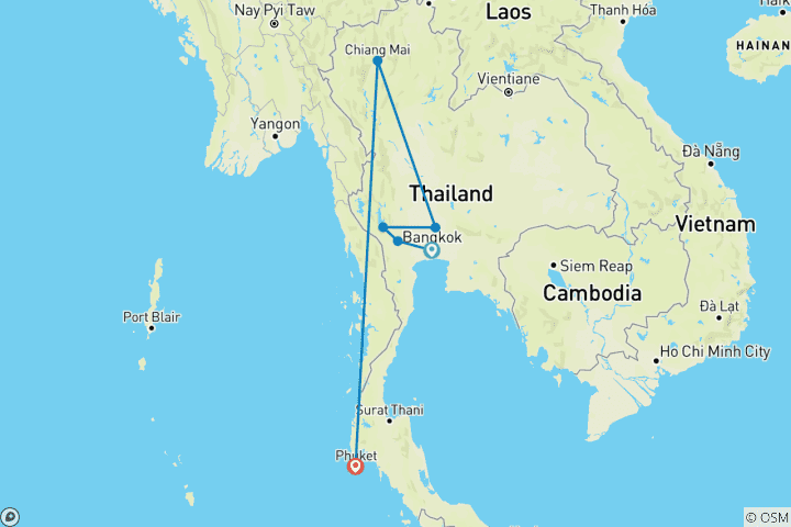 Karte von 12 Tage, um das Beste von Thailand zu entdecken - Private Tour