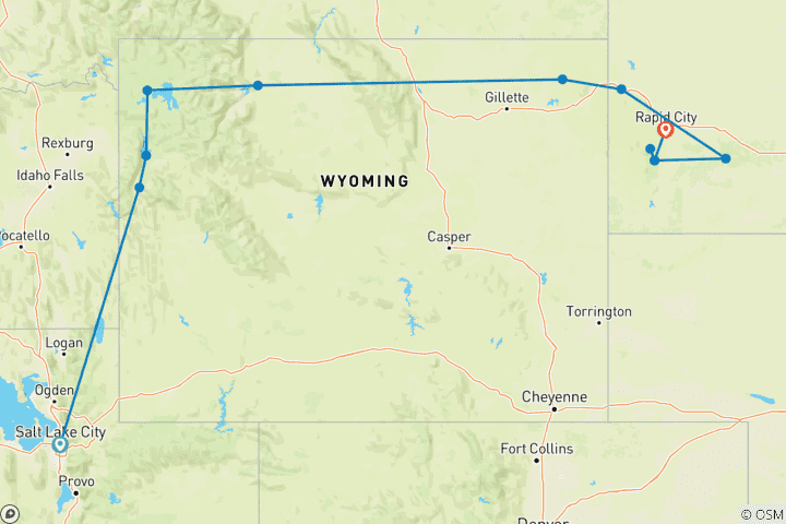 Map of American Parks Trail (Classic, End Rapid City, 9 Days, Custer To Rapid City Included Departure Transfer)