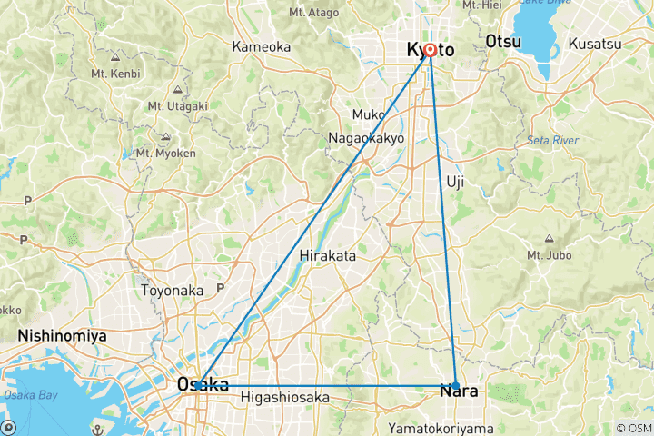 Carte du circuit 5 jours d'aventure culturelle à Kyoto, Nara et Osaka