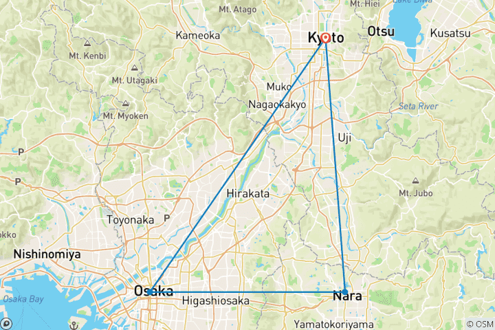 Carte du circuit 5 jours d'aventure culturelle à Kyoto, Nara et Osaka