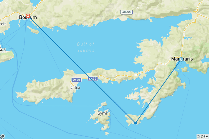 Map of Sail Marmaris to Bodrum – Premium Gulet with Air-con.