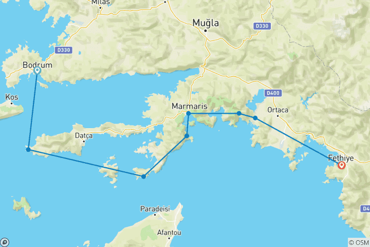 Map of Sail Bodrum to Fethiye – Premium Gulet with Air-con.