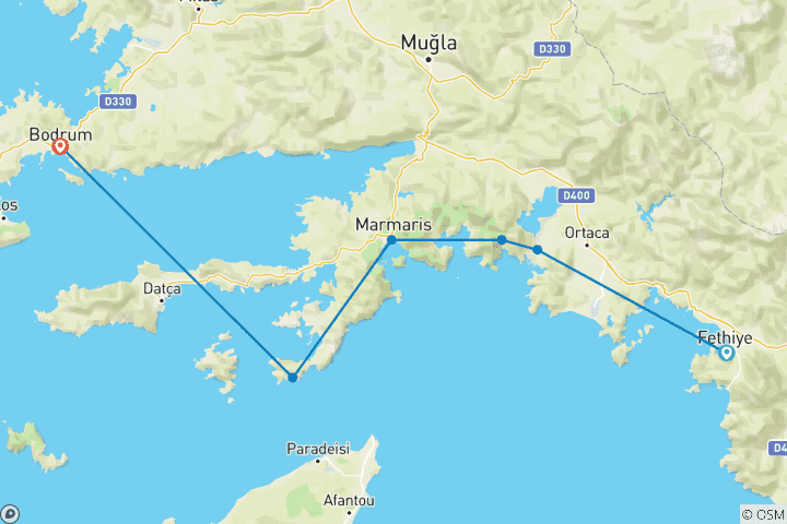 Map of Sail Fethiye to Bodrum – Premium Gulet with Air-con.