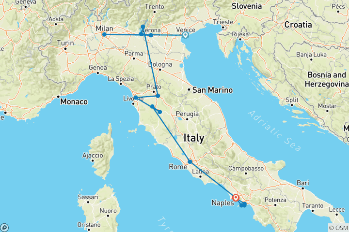 Map of 14 Day Italy Highlights Tour Package – Venice, Milan, Florence, Rome & Naples