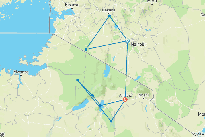 Carte du circuit 10 jours Masai Mara, Lac Nakuru, Manyara, Ngorongoro, Serengeti et Tarangire