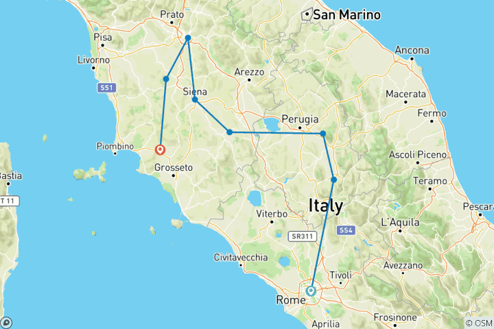 Carte du circuit La campagne toscane et ombrienne avec les charmantes villes collinaires d'Italie (de Rome à la Toscane)