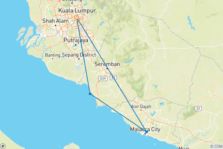 Mapa de 5 días en Malasia, incluyendo Malaca, Port Dickson y Kuala Lumpur.