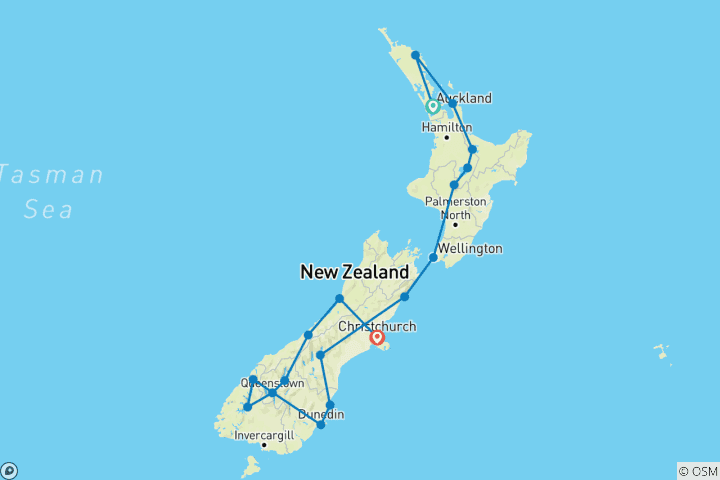 Karte von 23-tägige Rundreise durch Neuseelands Nord- und Südinsel