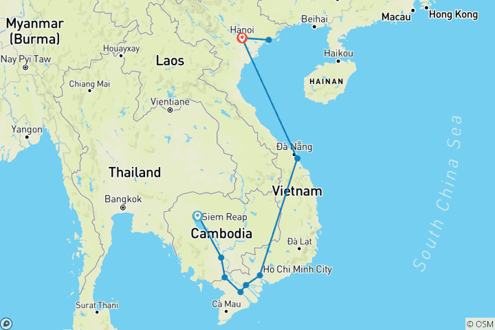 Carte du circuit Voyage de 16 jours sur le canal du Cambodge au Vietnam - circuit privé de luxe