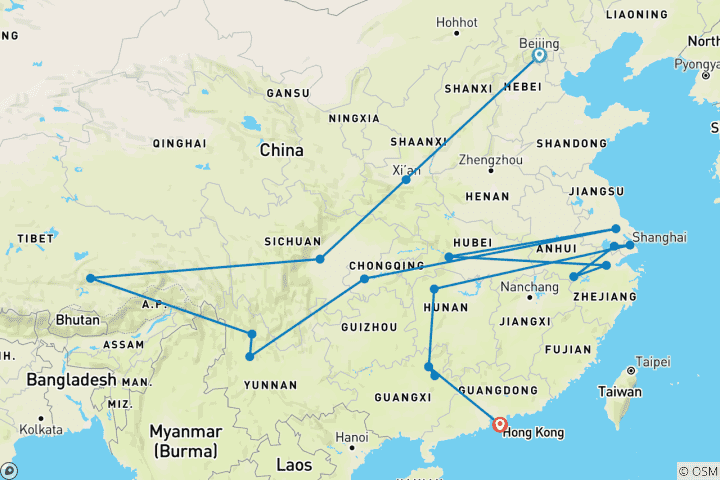 Map of 30 Days Tailor-Made China In-depth Tour, Daily Start & No Group