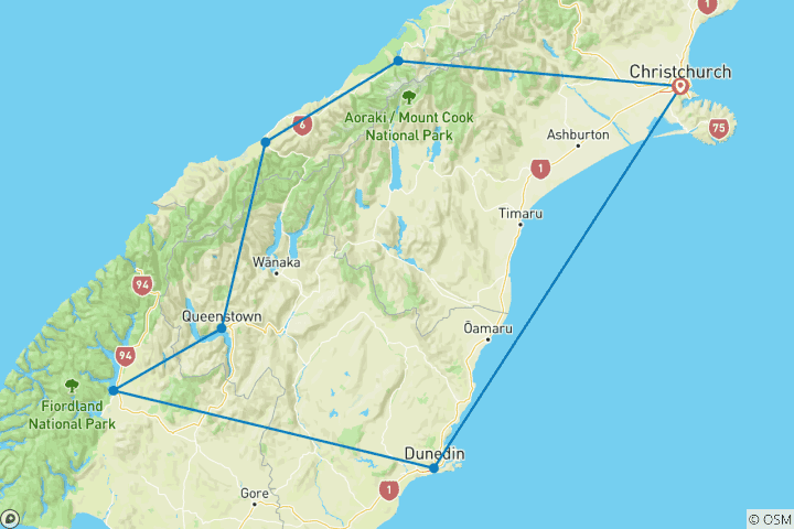 Map of 9-Day Southern Dream - South Island Tours