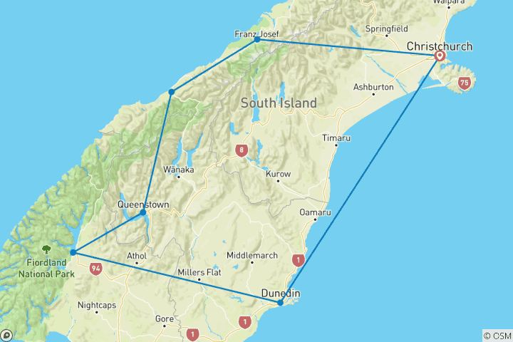 Map of 9-Day Southern Dream - South Island Tours