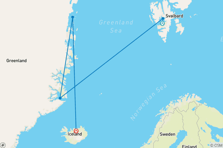 Carte du circuit SPITZBERGEN - GRÈCE DU NORD-EST - ISLANDE - Aurores boréales, Inuits et longues randonnées