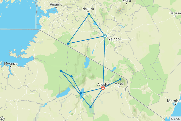 Carte du circuit 16 jours de safari au Kenya et en Tanzanie et d'ascension du Kilimandjaro