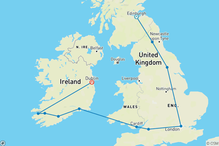 Map of Exploring Britain and Ireland featuring England, Ireland, Scotland and Wales (Edinburgh to Dublin) (2025)