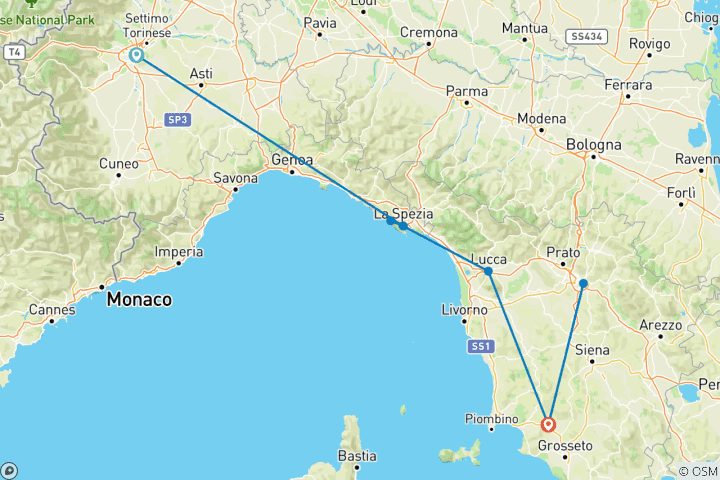 Mapa de Toscana y Riviera italiana (Turín a Toscana) (2025)