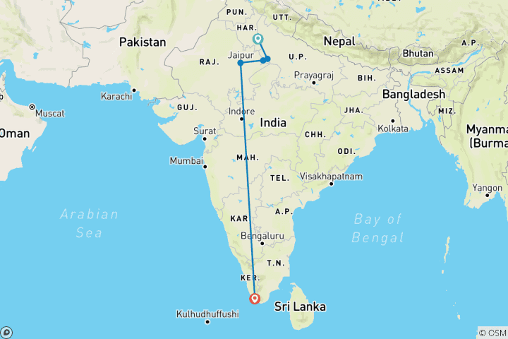 Mapa de Circuito de 10 días al Triángulo de Oro con Ayurveda en Kerala