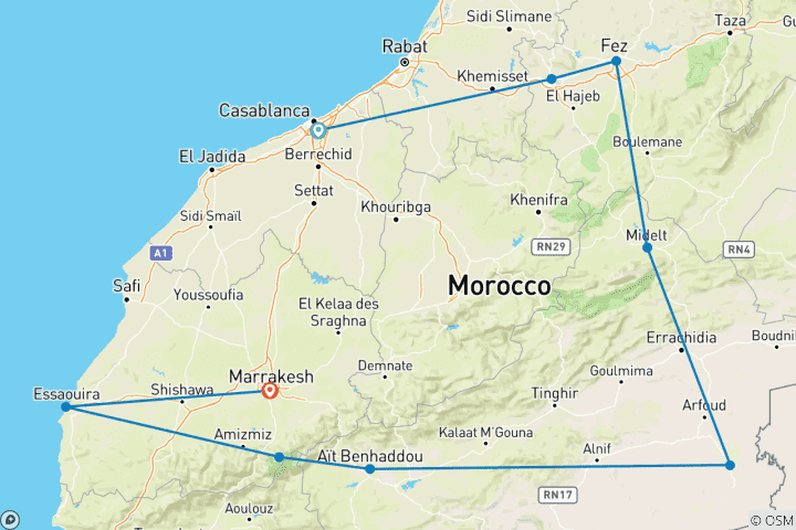 Carte du circuit Le meilleur du Maroc en famille (9 destinations)