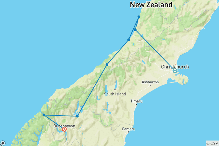 Carte du circuit Premium Nouvelle- Zélande Île du Sud (8 destinations)