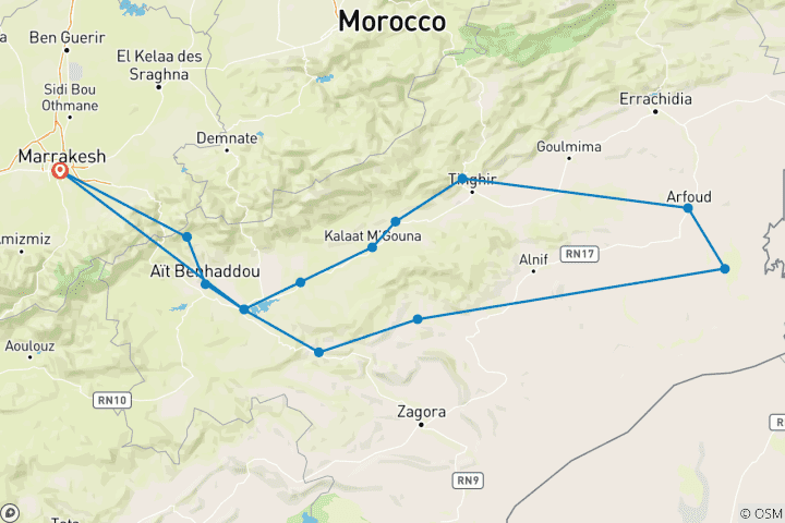 Karte von 3 Tage Wüstengruppenreise von Marrakesch zum Merzouga Wüstencamp