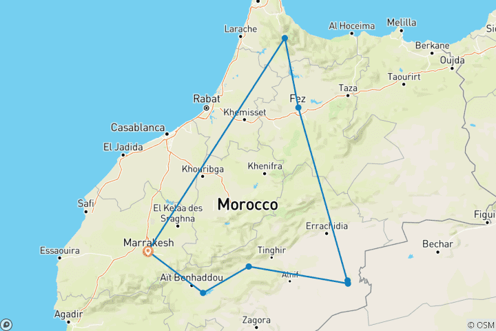 Kaart van Authentieke 6-daagse privéreis door Marokko vanuit Marrakech