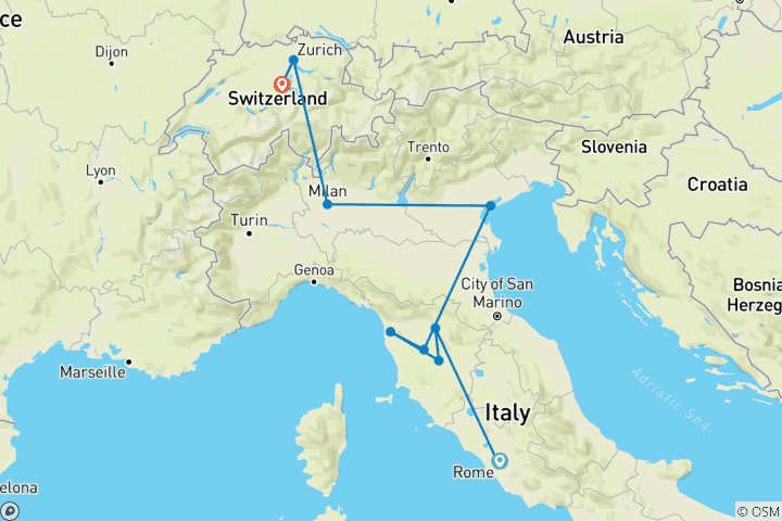 Mapa de Paquete turístico de 10 días por lo más destacado de Italia y Suiza