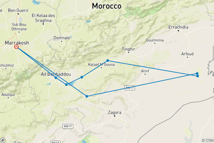 Kaart van Privé 3-daagse tocht door de woestijn van Marrakech naar Merzouga | Luxe woestijnkamp