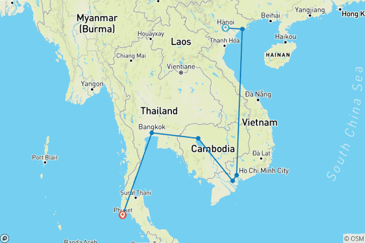 Mapa de 14 Días Lo mejor de de Vietnam, Camboya y Tailandia (guía y conductor privados）