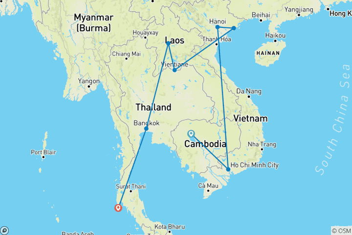 Kaart van 21 Dagen Fantastische Rondreis door Vietnam, Cambodja, Thailand & Laos (privégids & chauffeur）Aangepast