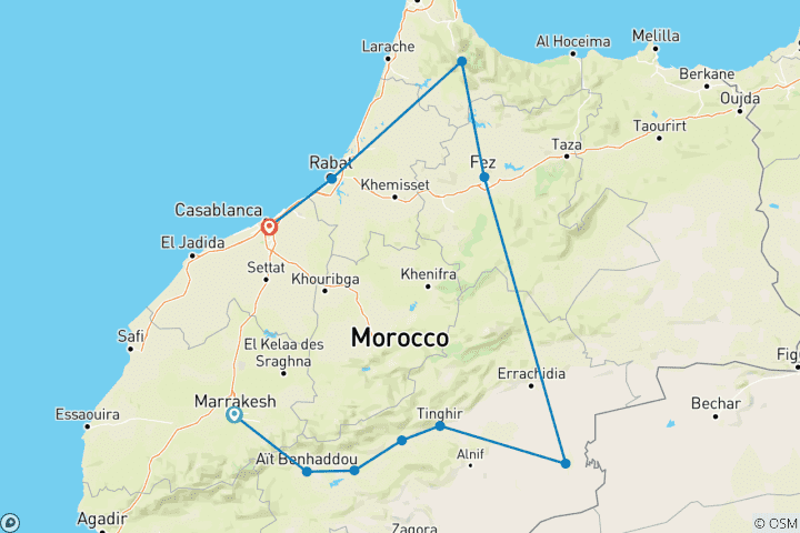 Map of Private 10 Tage Marokko-Tour von Marrakesch nach Casablanca über die Sahara-Wüste Merzouga