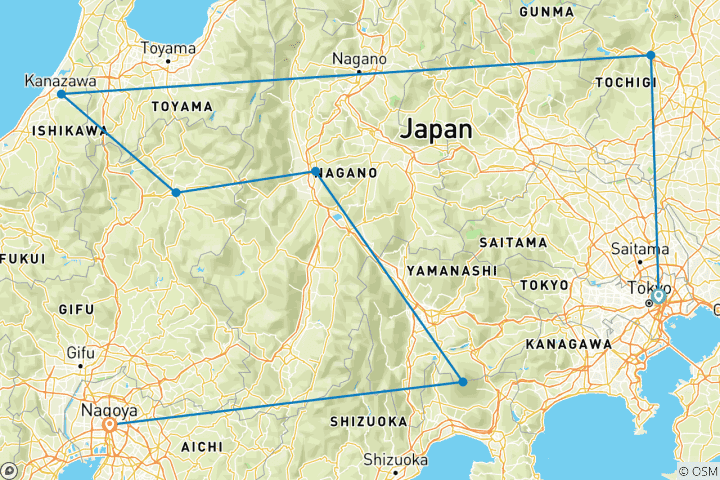 Map of 【Japan】Classic 12-Day Tour Package of Kanto-Tateyama Kurobe,Gassho Village, Mount Fuji, and Nagoya (Seasonal)