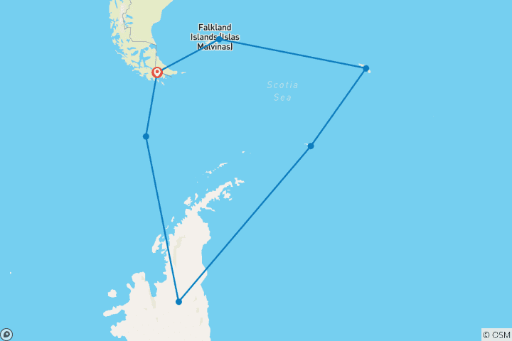 Carte du circuit LE GRAND TOUR AVEC LES ÎLES FALKLAND, LA GÉORGIE DU SUD, LES ÎLES ORCADES DU SUD ET LA PÉNINSULE ANTARCTIQUE