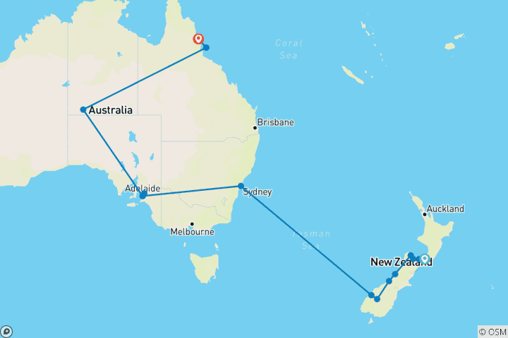 Carte du circuit Australie et Nouvelle-Zélande à découvert (de Wellington à Cairns) (2025)