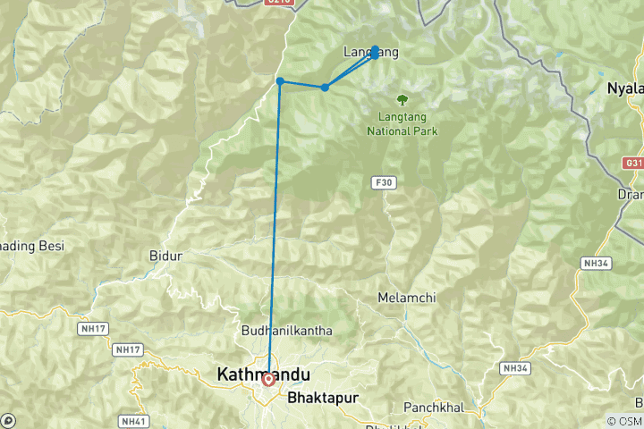 Carte du circuit Trek de la vallée du Langtang 7 jours