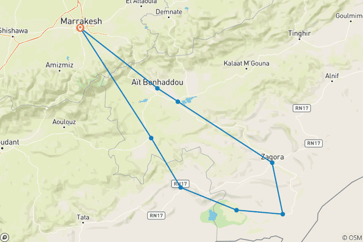 Map of 3 days From Marrakech to Erg Chegaga