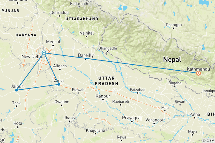 Mapa de Viaje al Triángulo de Oro de la India con Nepal