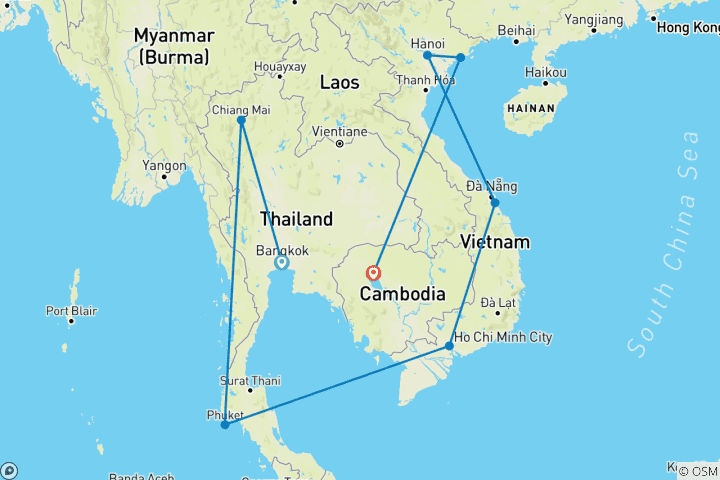 Karte von 21 Tage Thailand, Kambodscha und Vietnam Entdeckungstour privat (privater Reiseleiter & Fahrer）