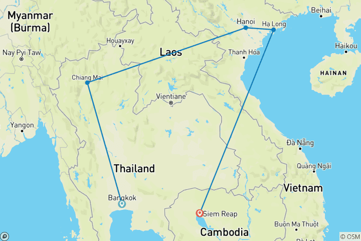 Kaart van 12 Daagse Thailand, Cambodja en Vietnam Ontdekkingsreis (privégids & chauffeur）