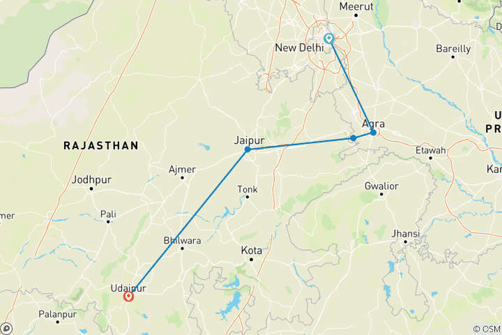 Kaart van Gouden Driehoek Tour met Stad van Meren (Udaipur)