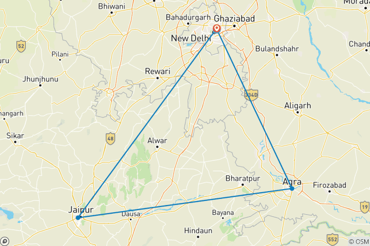 Mapa de Triángulo de Oro Clásico: Circuito Privado de 6 Días por Delhi, Agra y Jaipur