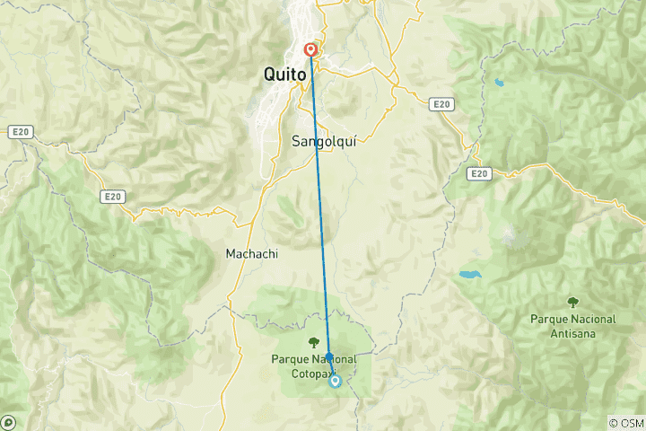 Mapa de 1 día completo de ruta de senderismo por el volcán Cotopaxi hasta el refugio José Rivas - Excursión de un día en grupo compartido